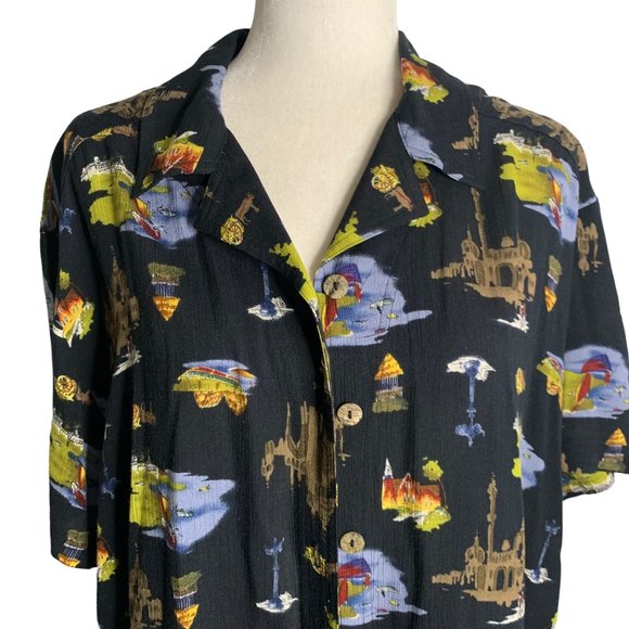 Vintage 90s Carole Little Dress Shirt Set L Black Button Up Short Sleeve Rayon - Picture 10 of 12